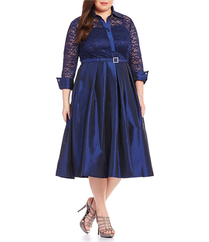 Eliza J Plus 3/4 Sleeve Collar Neck Lace Bodice Belted Shirt Dress