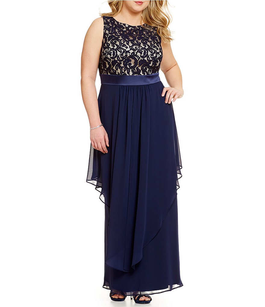 Eliza J Plus Lace-Bodice Chiffon Gown