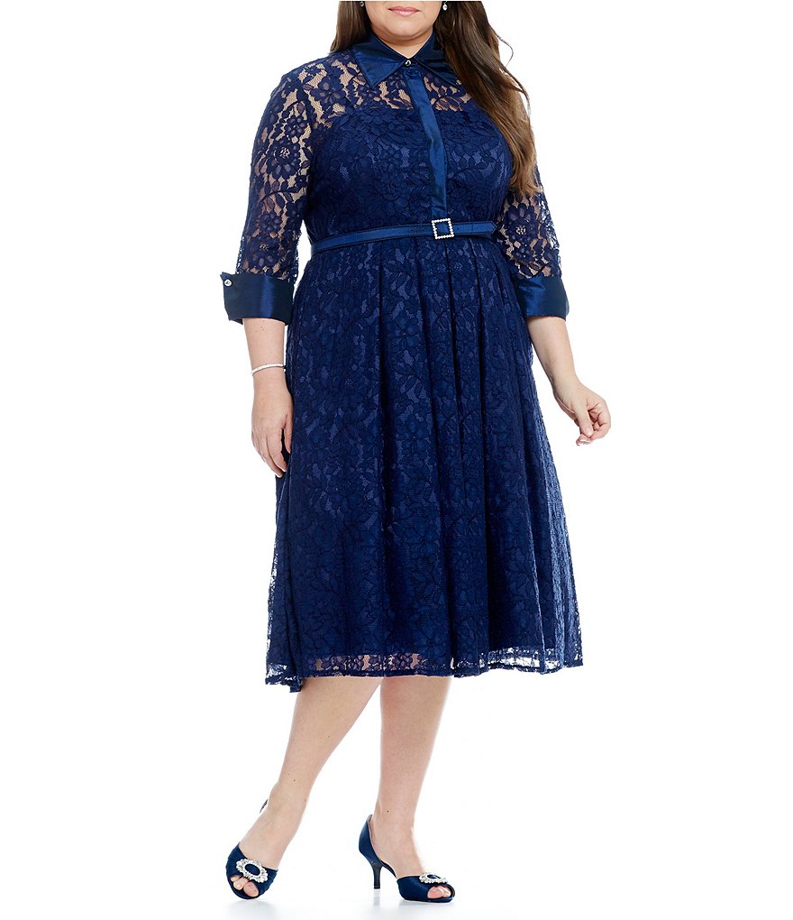 Eliza J Plus Lace Point-Collar Midi Dress