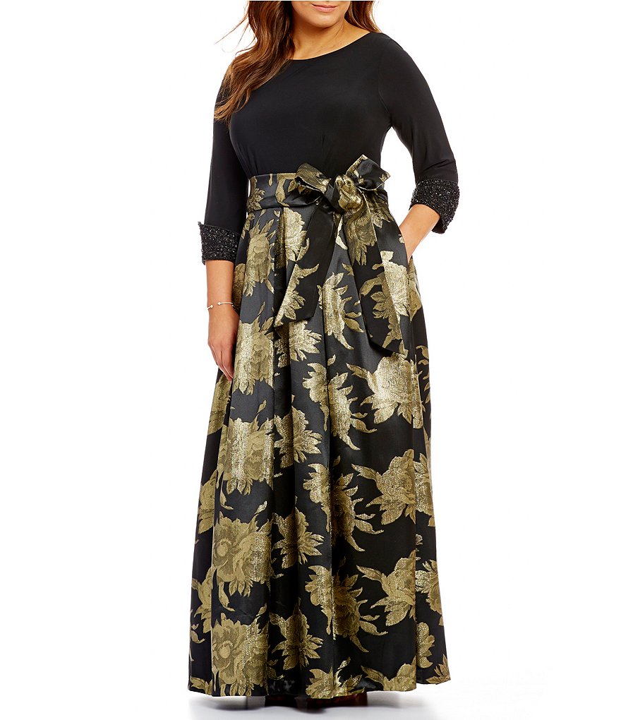 Eliza J Plus Bateau Neck Metallic Brocade Beaded-Cuff Ballgown