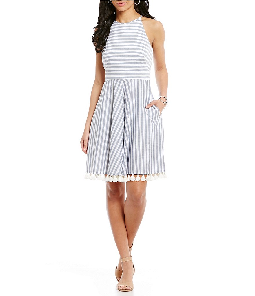 Eliza J Stripe Halter Tassel Trim Fit & Flare Dress