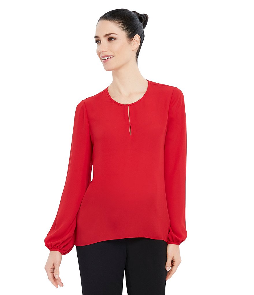 Ellen Tracy Bishop Sleeve Georgette Hi-Low Hem Blouse