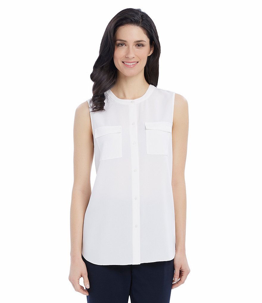 Ellen Tracy Crepe Georgette Band Neckline Sleeveless Shirt