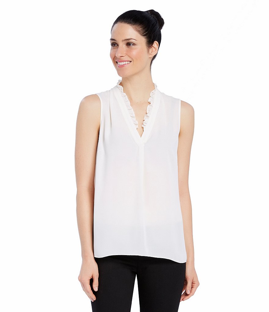 Ellen Tracy Ruffle V-Neck Georgette Shell