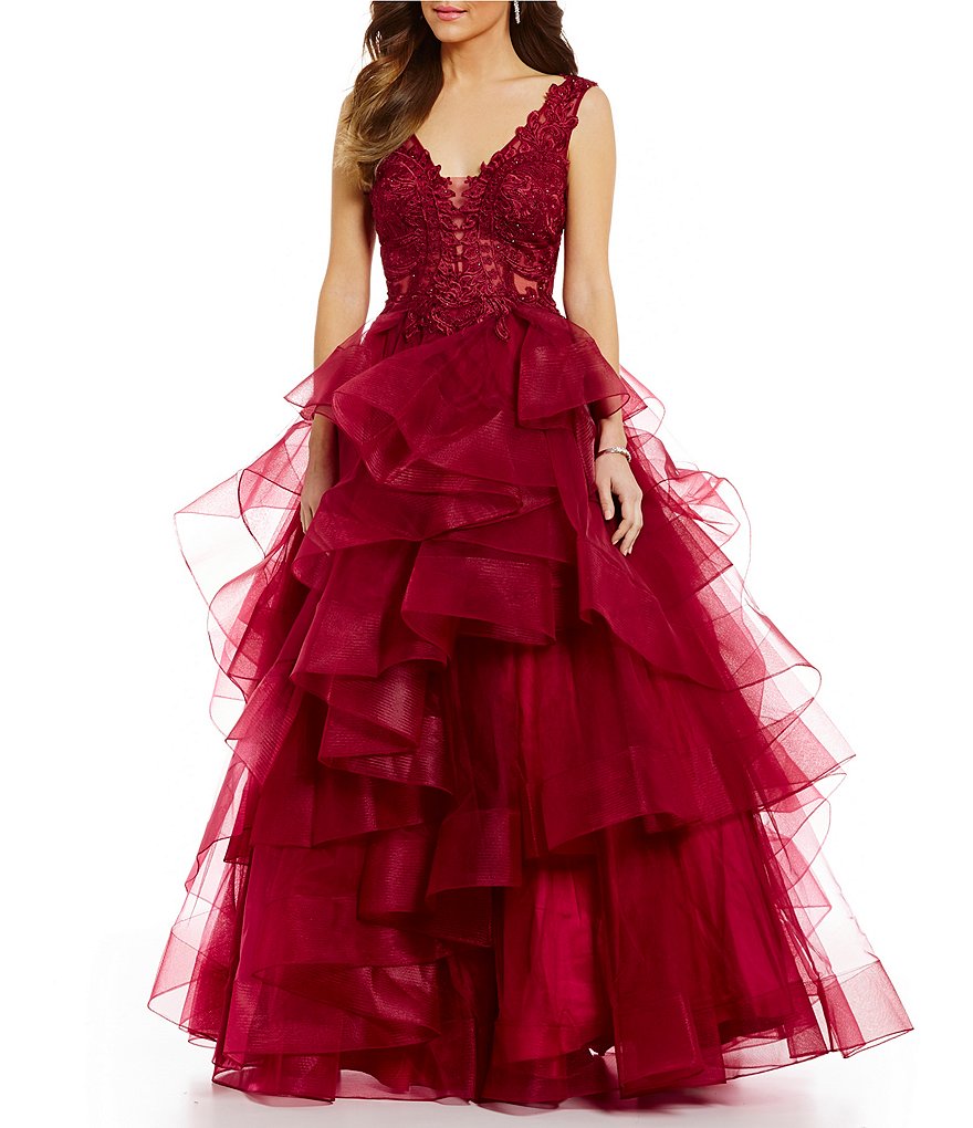 Ellie Wilde Embellished Lace Bodice Asymmetric Tiered Ball Gown