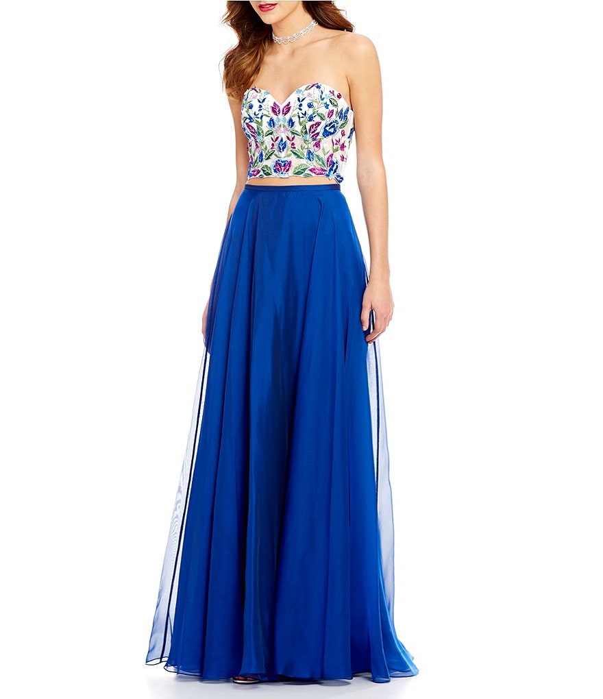 Ellie Wilde Strapless Floral Embroidered Top Two-Piece Long Dress