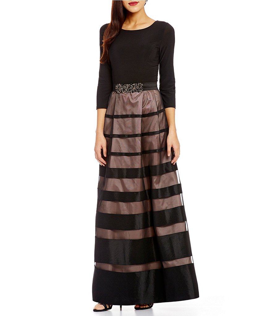 Emma Street 3/4 Sleeve Beaded Applique Taffeta Dress
