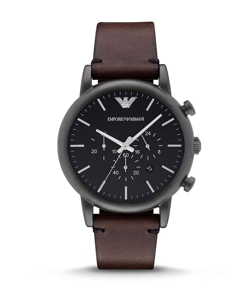 Emporio Armani Leather Strap Stainless Steel Chronograph Watch