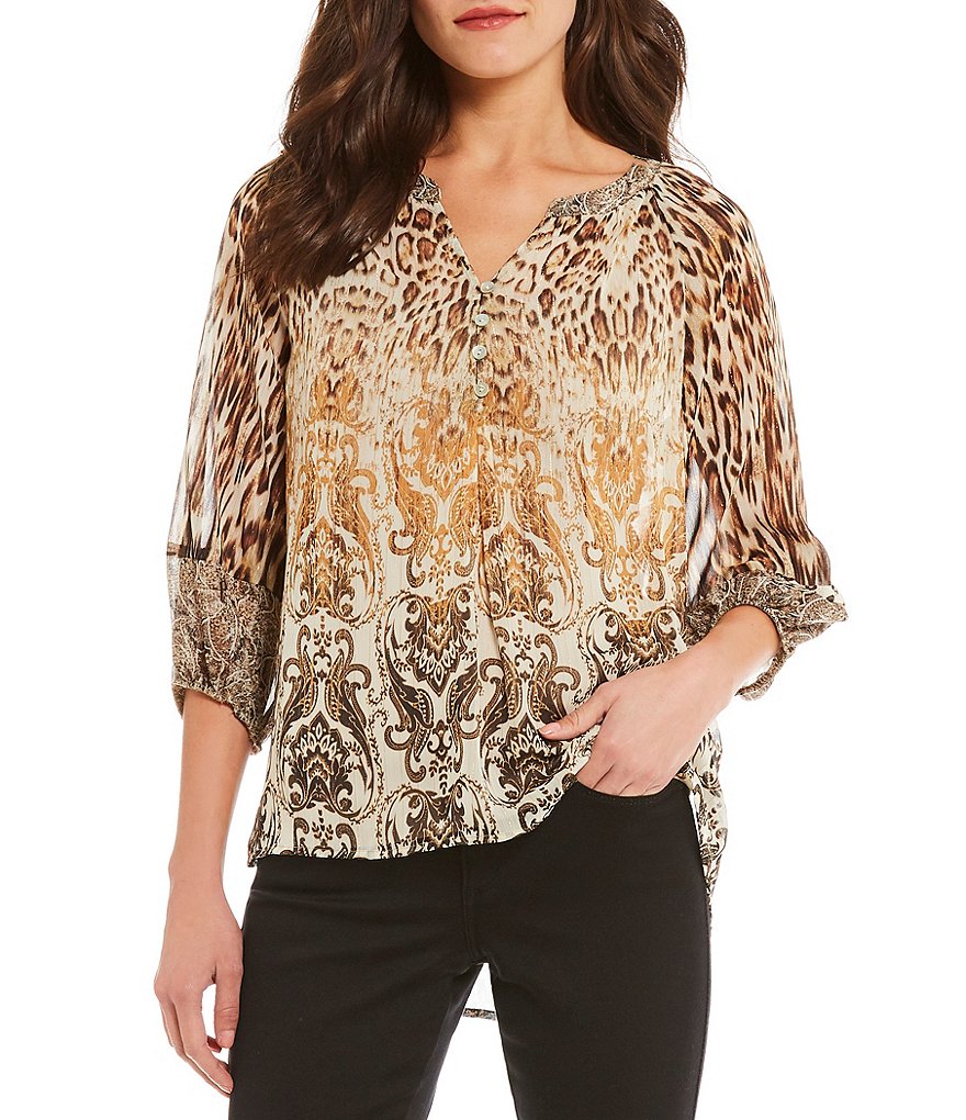 Figueroa & Flower Nina 3/4 Sleeve Mixed Leopard Print Woven Top