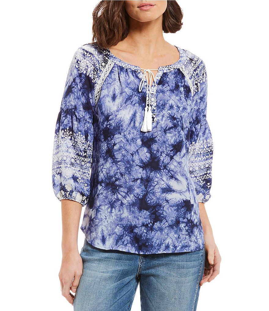Figueroa & Flower Petites Beca 3/4 Sleeve Tie Dye Peasant Top