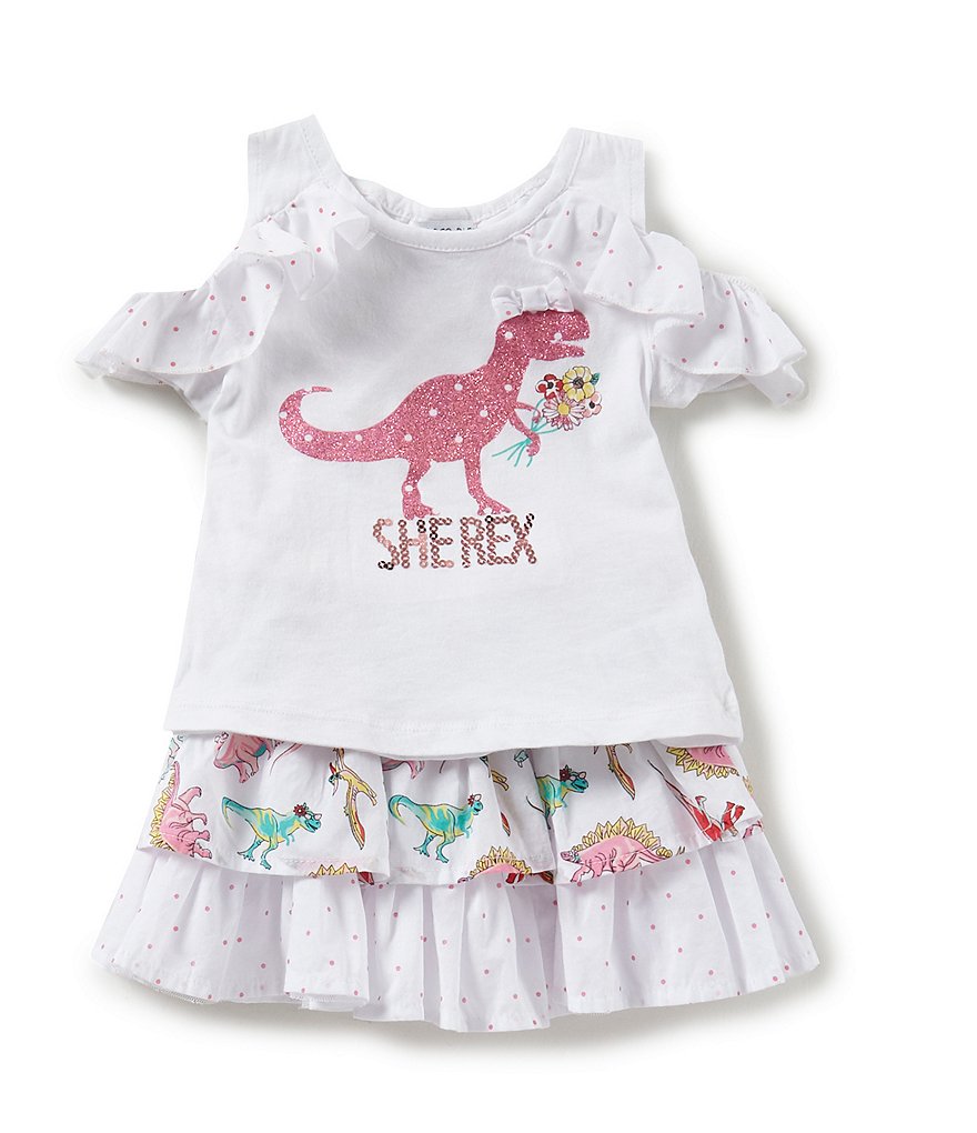Flapdoodles Little Girls 2T-6X Dinosaur Cold-Shoulder Top & Printed Tiered Skirt Set