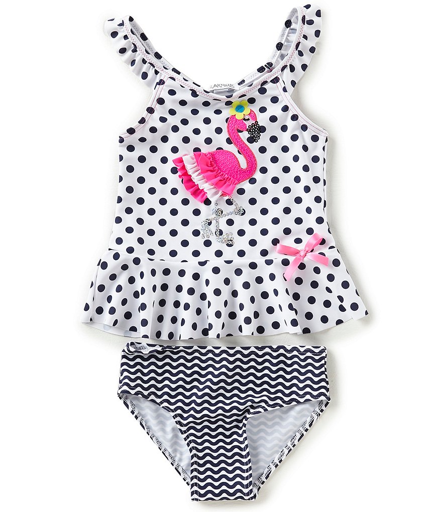 Flapdoodles Little Girls 2T-6X Flamingo Dotted/Chevron Tankini Two-Piece Swimsuit