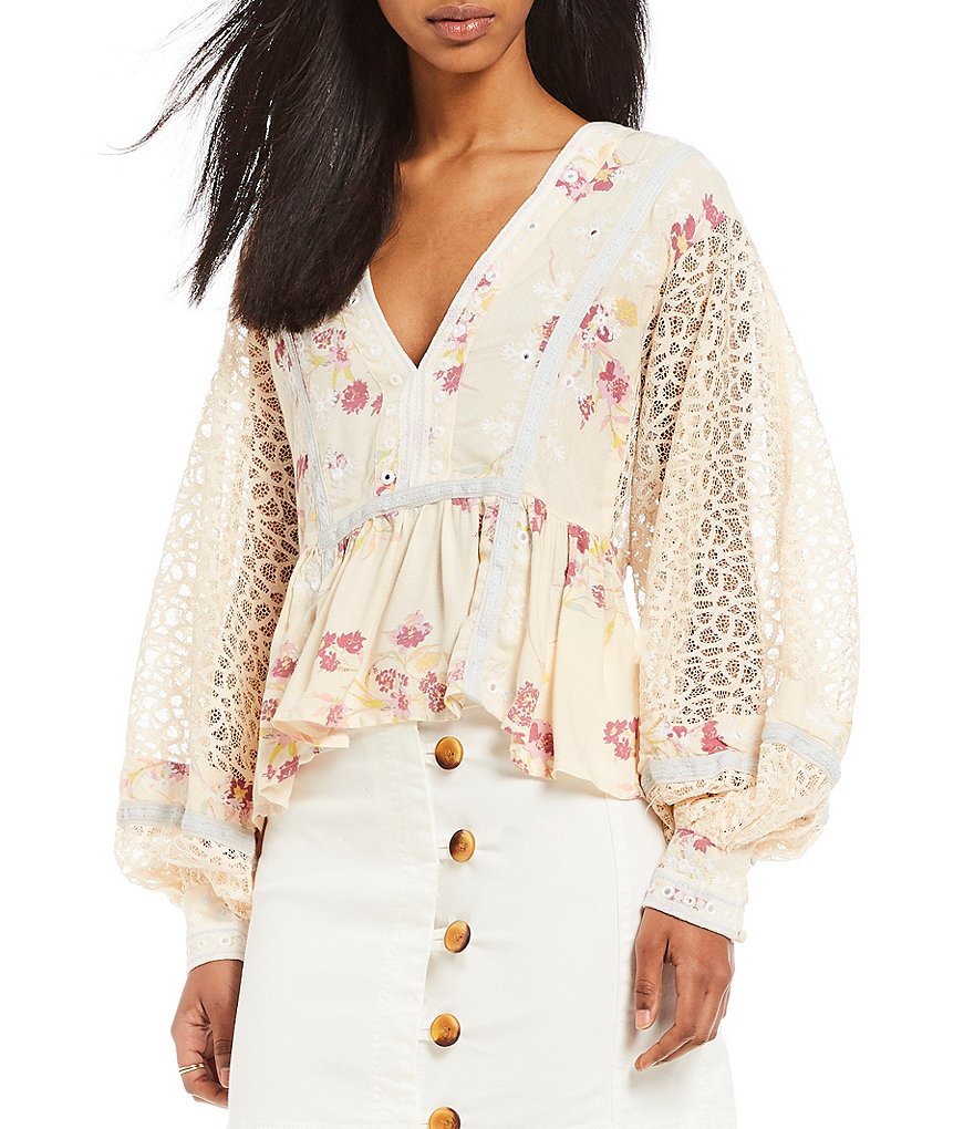 Free People Boogie All Night Eyelet Lace Balloon Sleeve Peasant Blouse