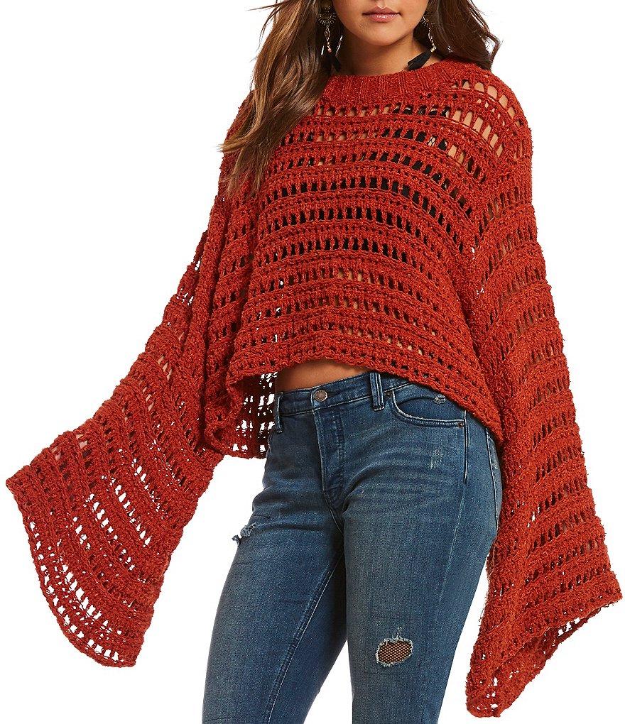 Free People Caught Up Bell Sleeve Cropped Crochet Sweater