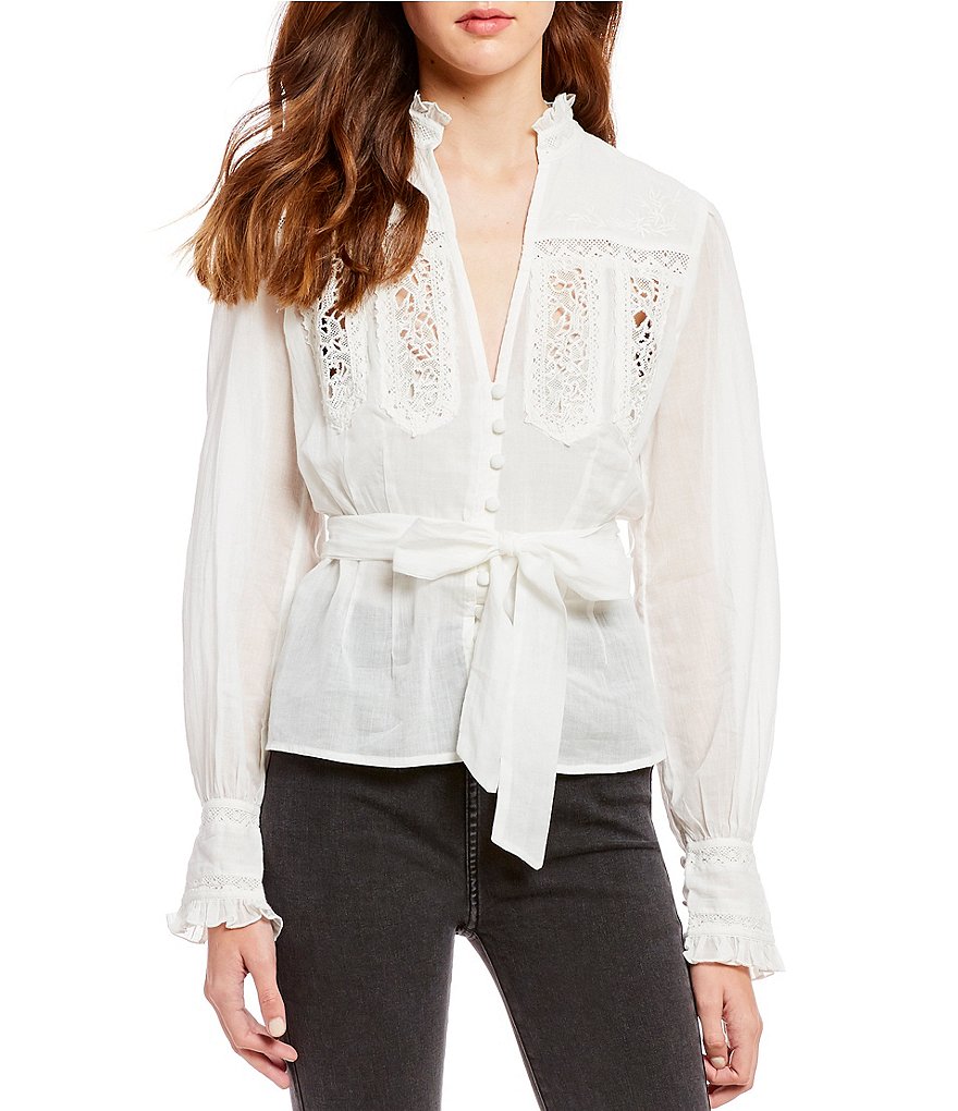 Free People Sweet Memories Woven V-Neck Poet Sleeve Tie Waist Button Front Top