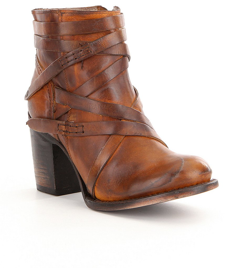 Freebird Gem Leather Side Zip Strappy Block Heel Booties