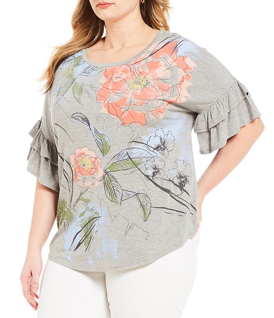 French Blue Plus Short Double Ruffle Sleeve Peach Blossom Print Top