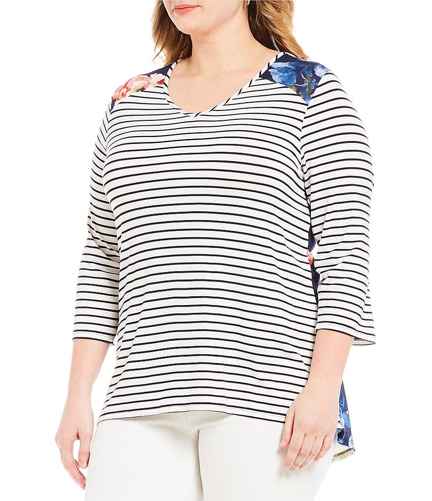 French Blue Plus Striped 3/4 Sleeve Floral Print Contrast Panels V-Neck Top