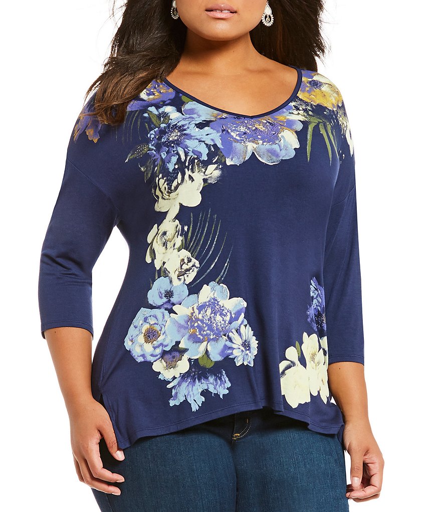 French Blue Plus V-Neck Floral Foil Print Top