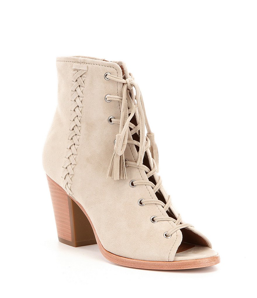 Frye Dani Suede & Leather Whipstitch Lace Up Peep-Toe Block Heel Shooties
