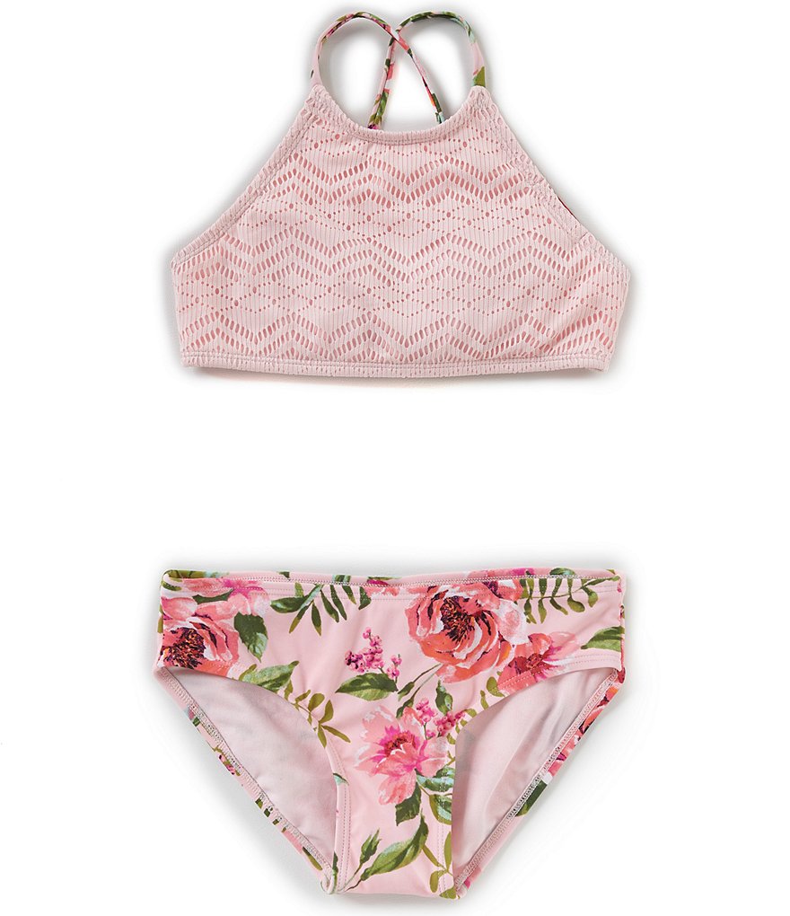 GB Girls Big Girls 7-16 Crochet Halter Floral Top & Bottoms 2 piece Swimsuit Set