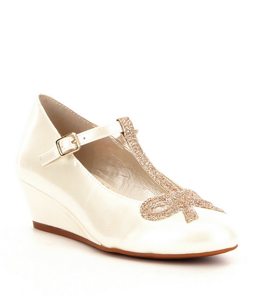 GB Girls Dearest-Girl Pearlized Patent Gold Glitter Bow Embellished T-Strap Wedge