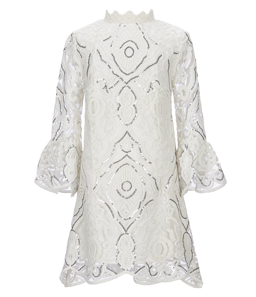GB Girls Social Little Girls 2T-6X Bell-Sleeve Lace Sequin Dress