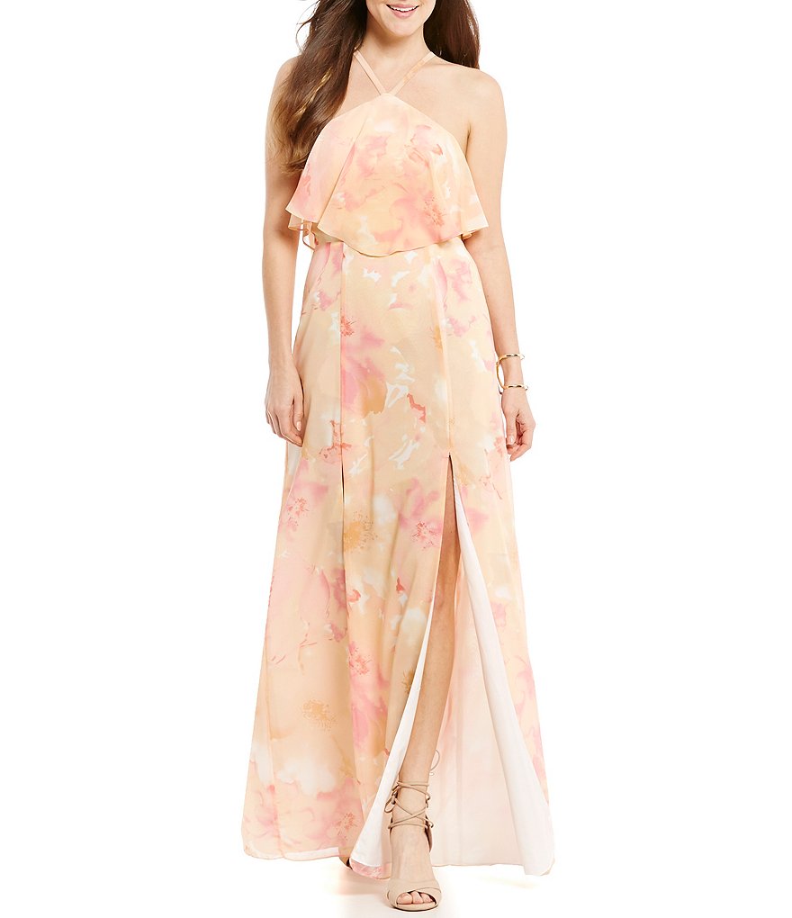 GB Social Halter Y-Neck Popover Floral-Print Maxi Dress