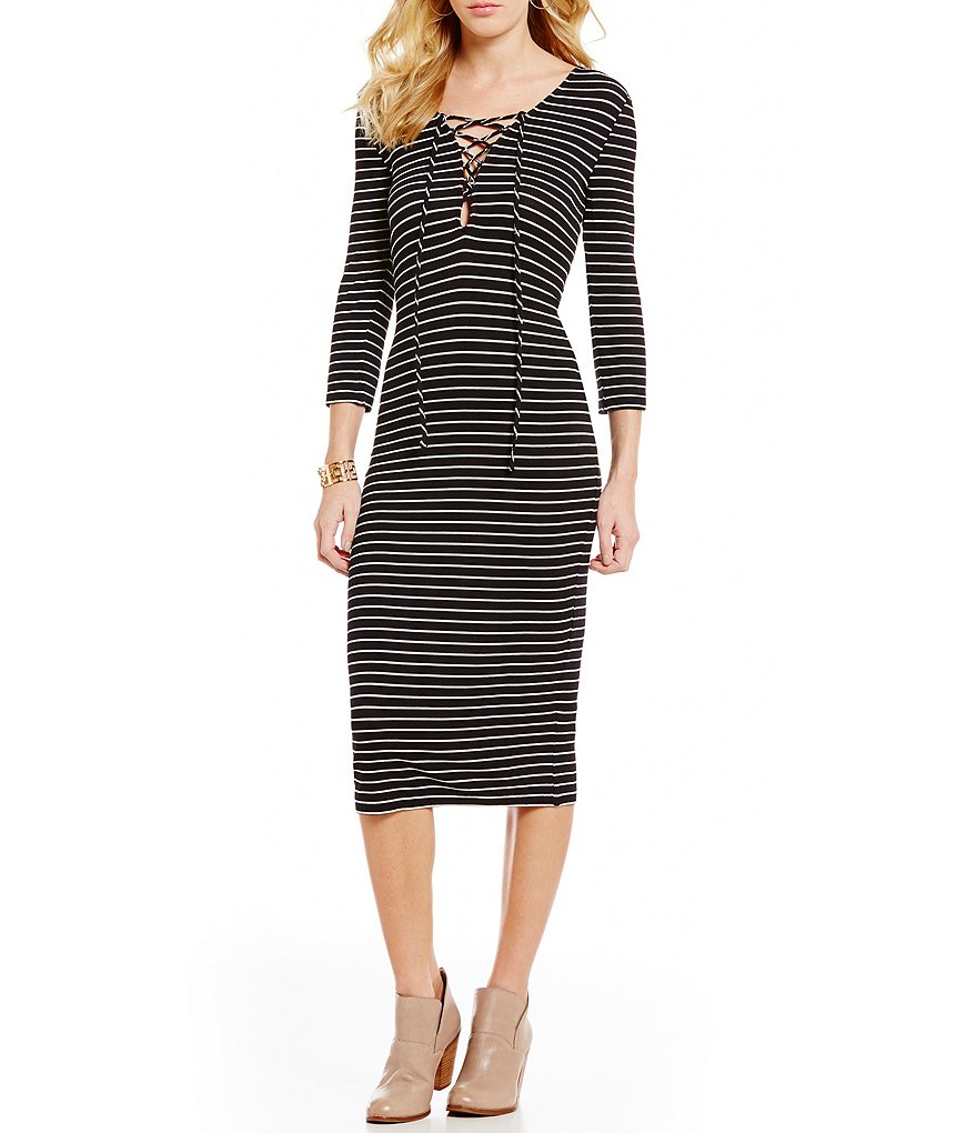 GB Striped Lace-Up Knit Midi Dress