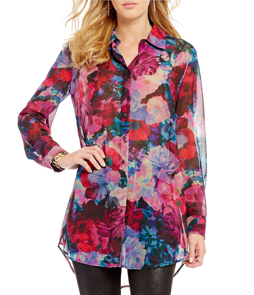 Gianni Bini Gabby Point Collar Long Sleeve Floral Chiffon Tunic