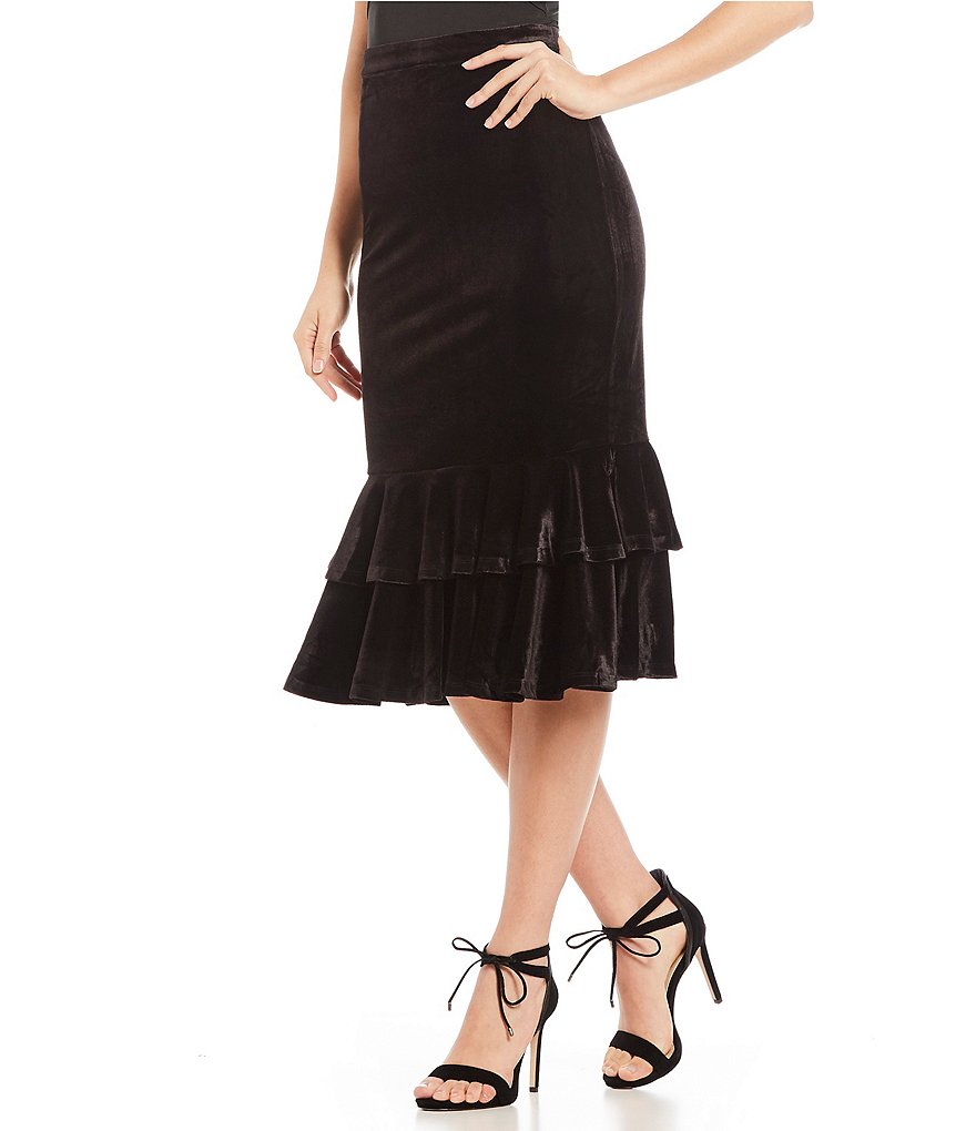 Gianni Bini Layla Velvet Ruffle Hem Midi Skirt