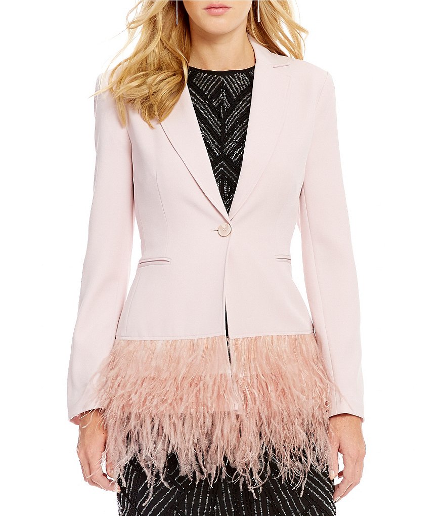 Gianni Bini Lizzy Notch Lapel Collar Feather Trim Solid Crepe Blazer