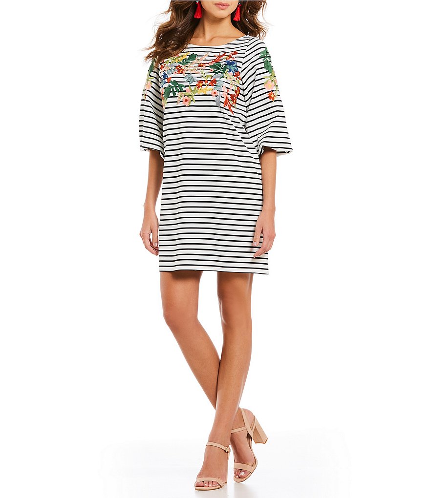 Gianni Bini Luna Floral Embroidered Stripe Dress