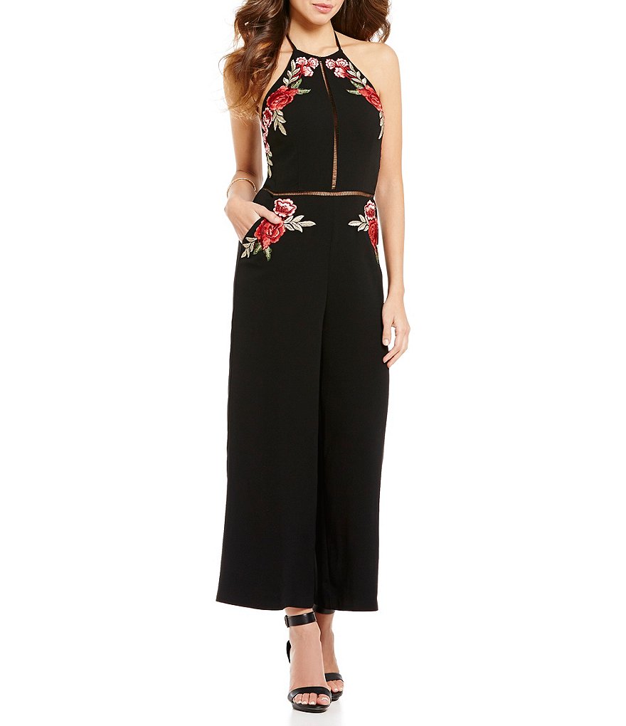 Gianni Bini Rosa Halter Neck Sleeveless Floral Applique Jumpsuit