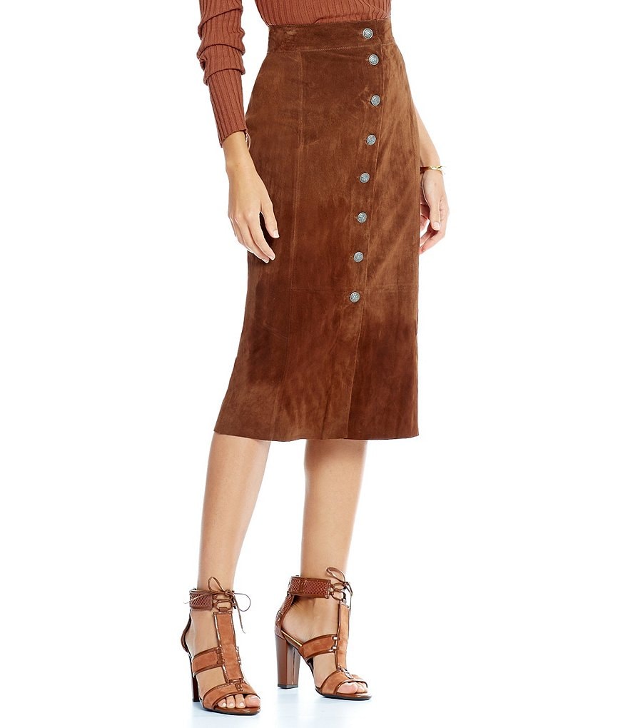 Gianni Bini Sandra Button Front Genuine Leather Suede Midi Skirt