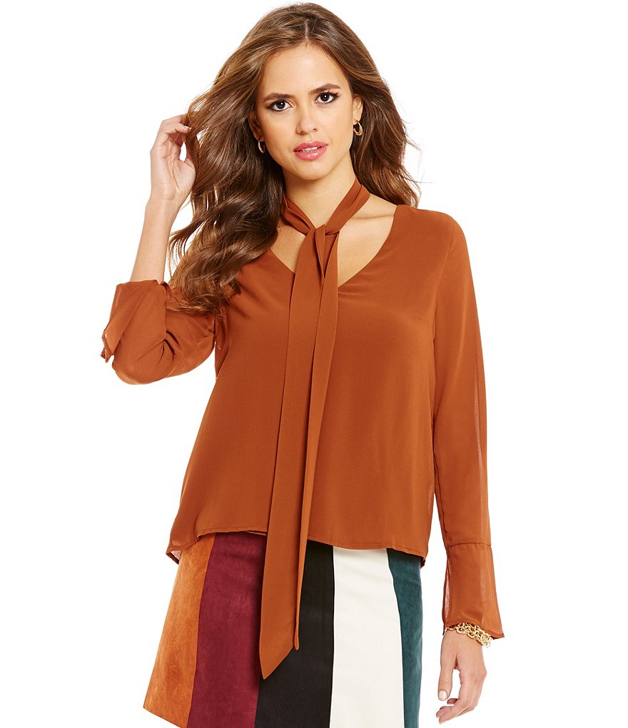 Gianni Bini Shelby Tie-Neck Long Sleeve Solid Blouse