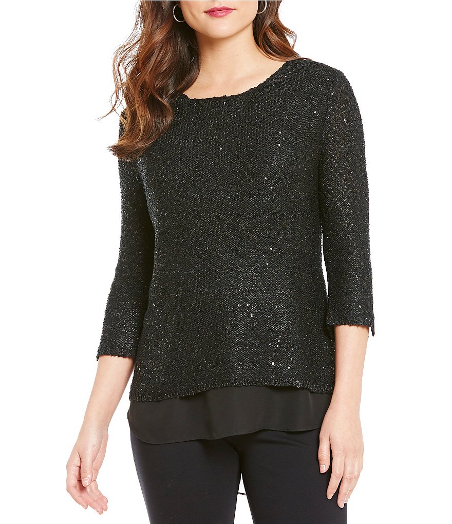 Gibson & Latimer Crew Neck 3/4 Sleeve Hi-Low Hem Sequin Sweater