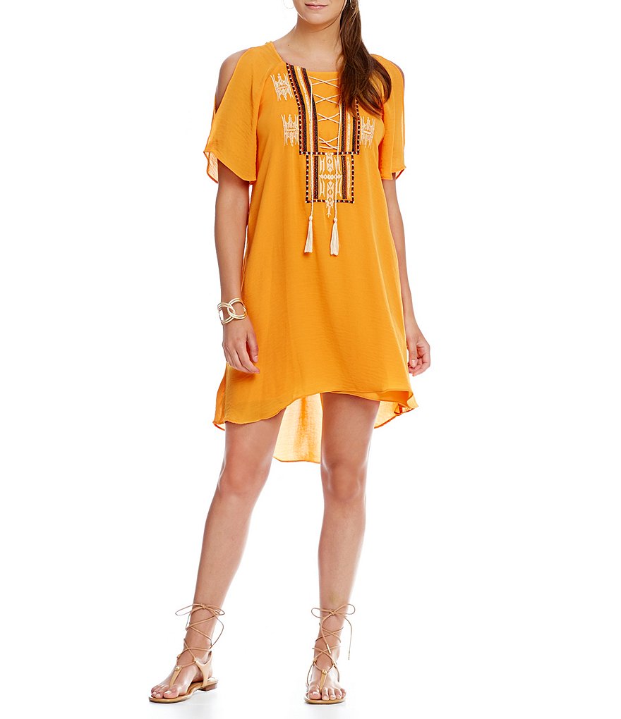 Gibson & Latimer Peasant Lace-Up Cold Shoulder Embroidered Dress