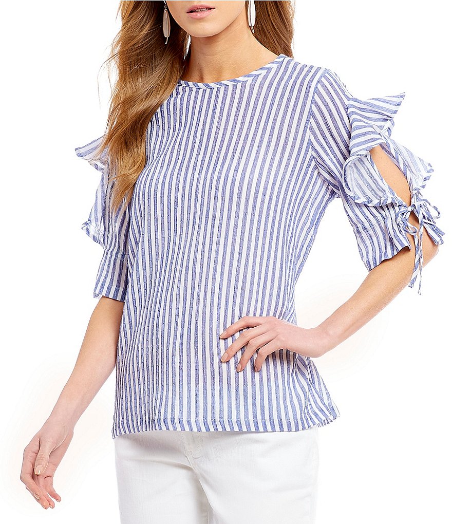 Gibson & Latimer Striped Ruffle Tie Sleeve Blouse