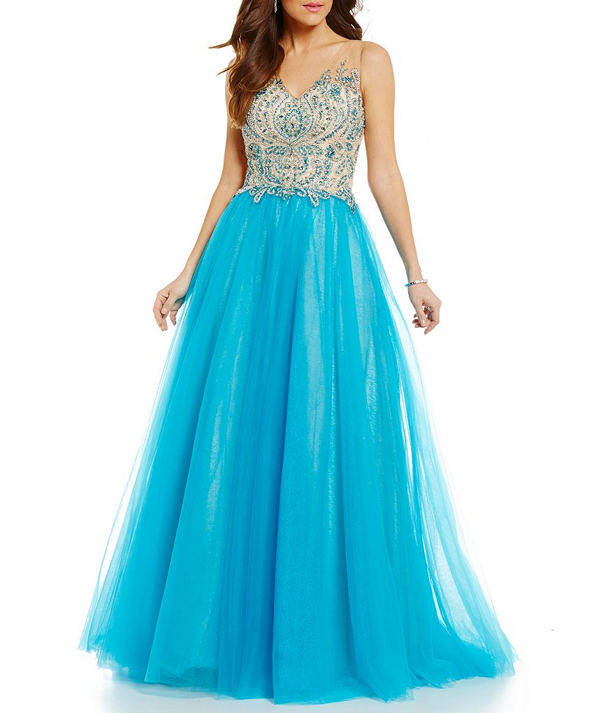 Glamour by Terani Couture V-Neck Embellished Bodice Illusion-Back Ball Gown