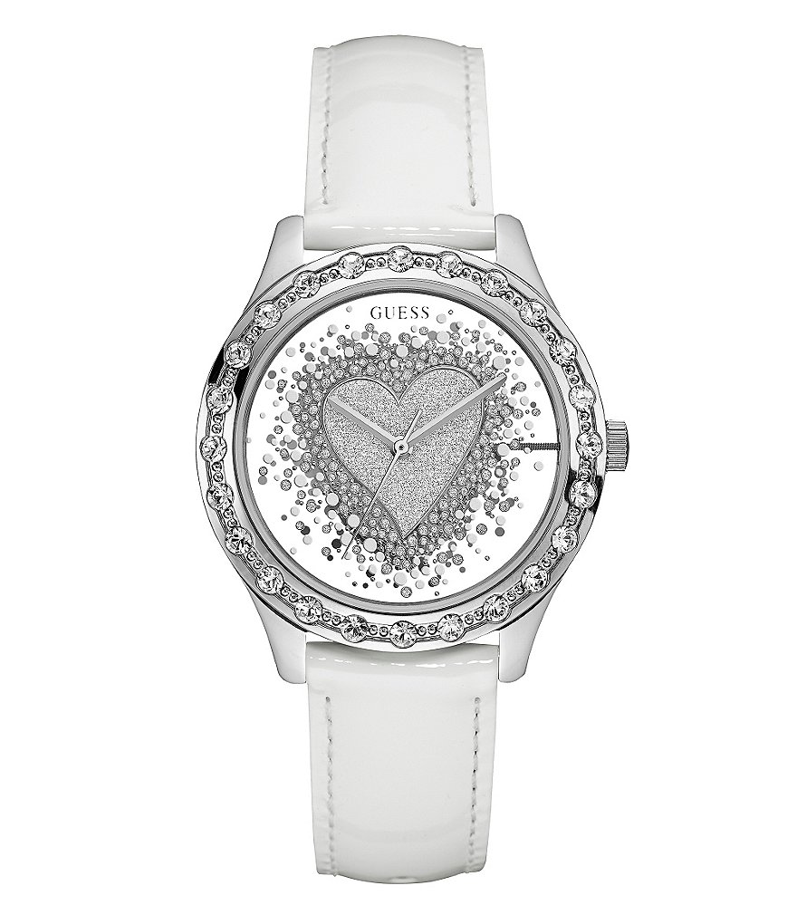 Guess Glittery Heart Leather-Strap Watch with See-Through Dial