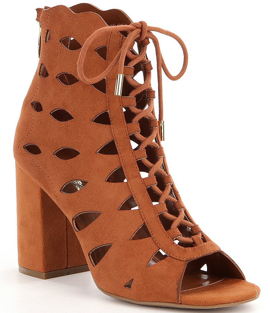 Guess Owina Cutout Detail Suede Lace-Up Back Zip Block Heel Booties