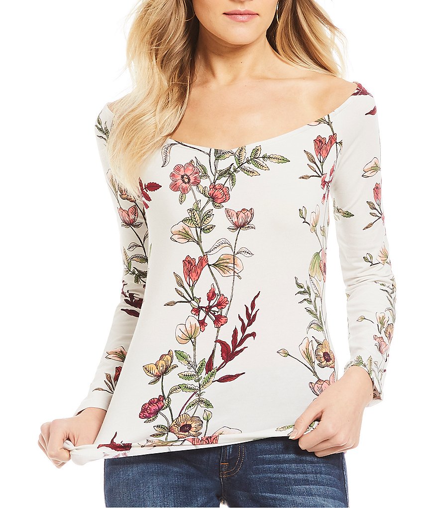Guess Stacia Floral Printed Boat Neck Long Sleeve Top