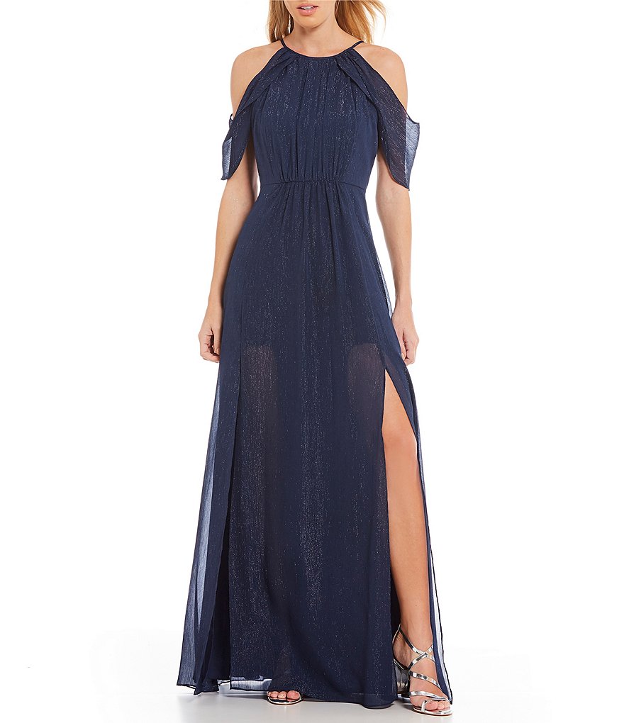 H Halston Cold Shoulder Lurex Chiffon Gown