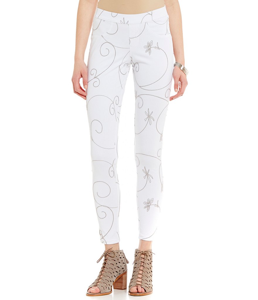 HUE Floral-Embroidered Denim Leggings