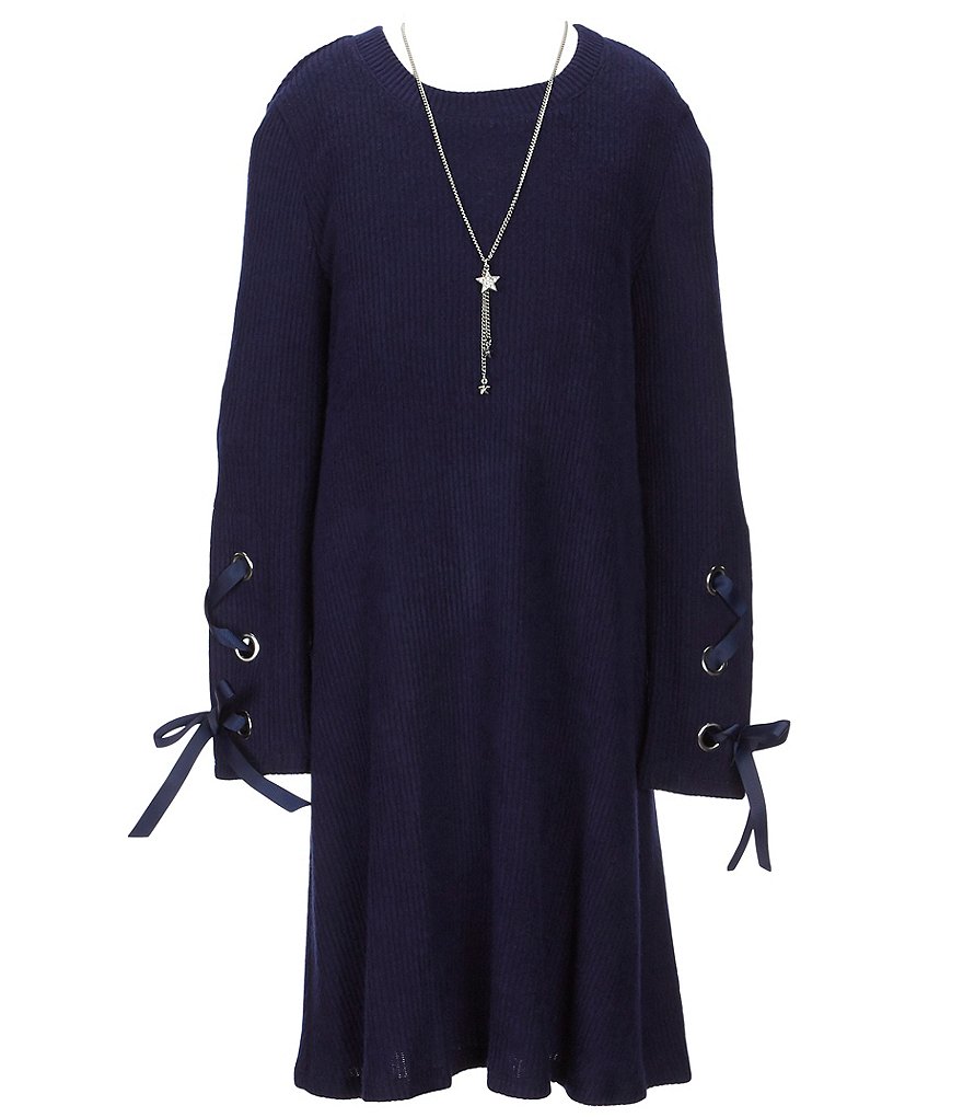 I.N. Girl Big Girls 7-16 Lace-Up-Sleeve Knit Rib A-Line Dress