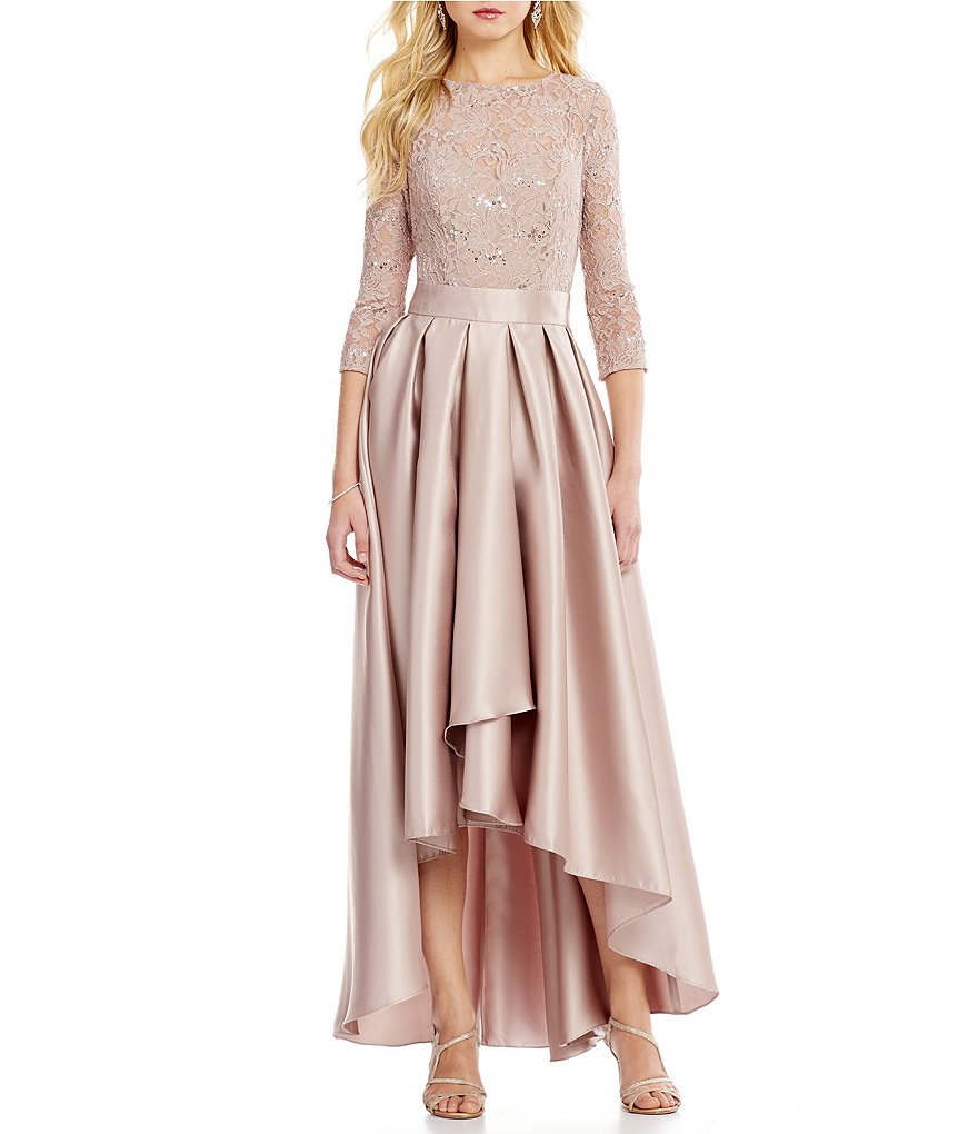 Ignite Evenings 3/4 Sleeve Lace Top Bodice Hi-Low Gown