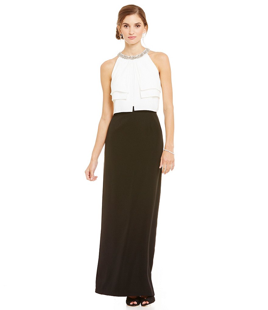 Ignite Evenings Bead-Neck Popover Color Block Gown