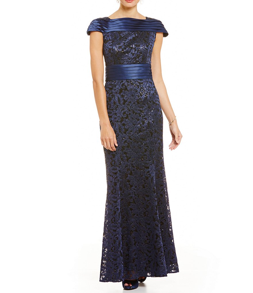 Ignite Evenings Cap-Sleeve Banded Lace Gown