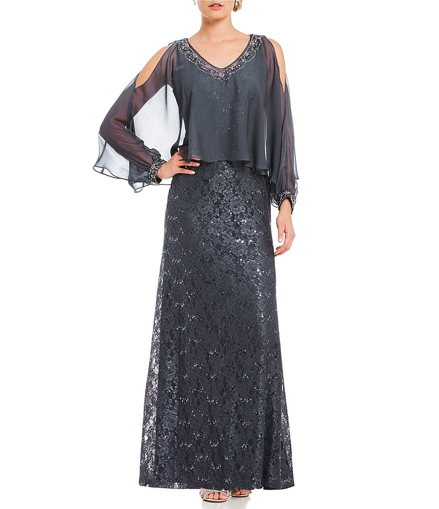 Ignite Evenings Lace Cold Shoulder Cape Gown